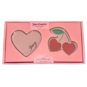 Juicy Couture Home Set of 2 Ceramic Trinket Trays Pink Heart & Red Cherries